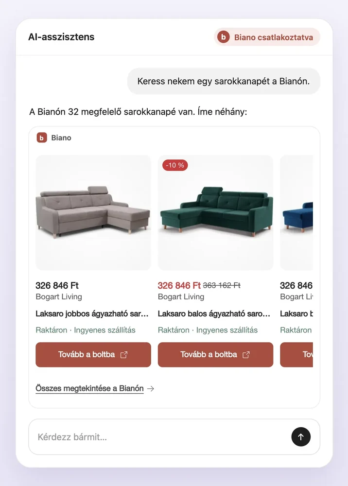 Biano az AI-asszisztensben: sarokkanapék termékkártyái árral, bolttal és boltba vezető gombbal