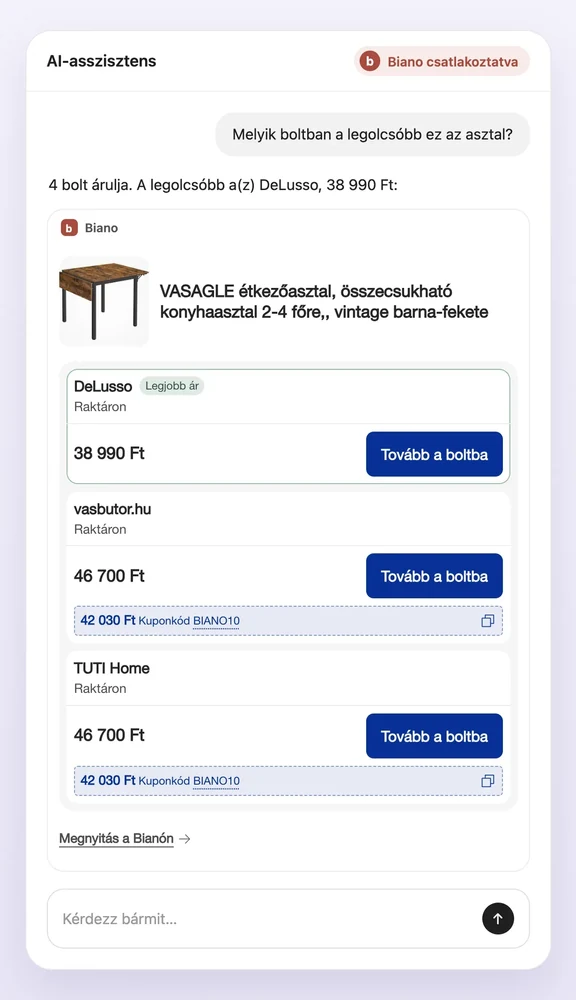 Biano az AI-asszisztensben: egy asztal árainak összehasonlítása több boltban