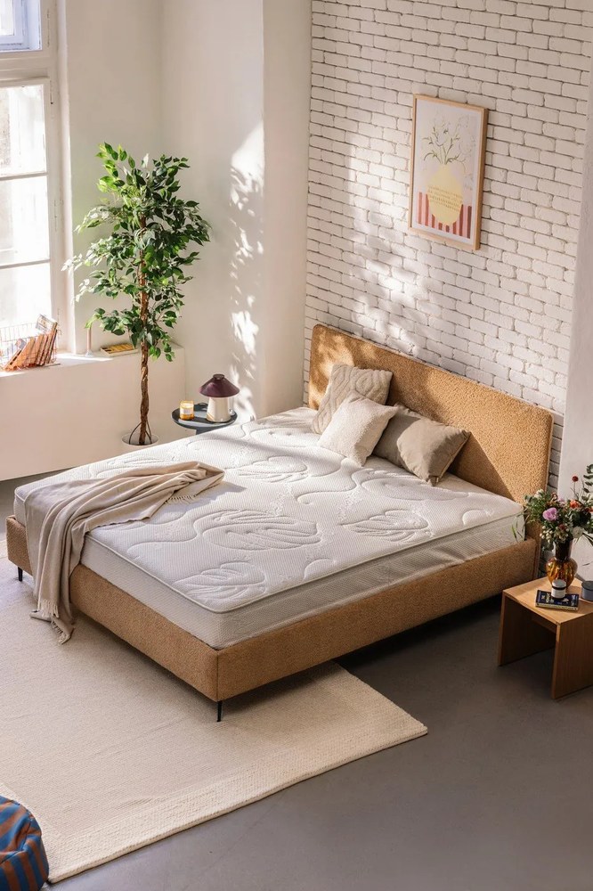 Mustársárga kárpitozott franciaágy ágyráccsal 180x200 cm Noira Slim – Bonami Selection