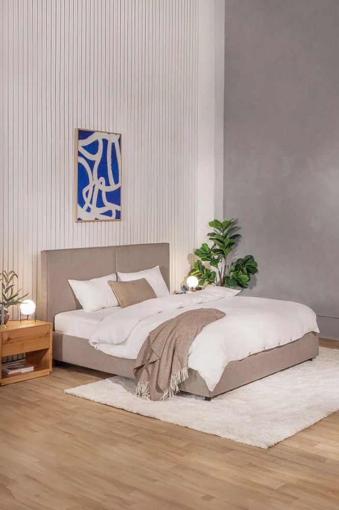 Szürkésbarna kárpitozott ágyneműtartós franciaágy ágyráccsal 160x200 cm Myra Bold – Bonami Selection