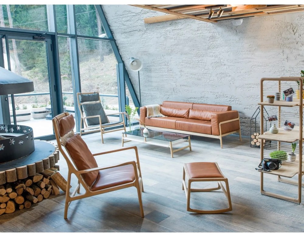 Fawn konyakbarna kanapé bivalybőrből, tömör tölgyfa szerkezettel, 210 cm - Gazzda