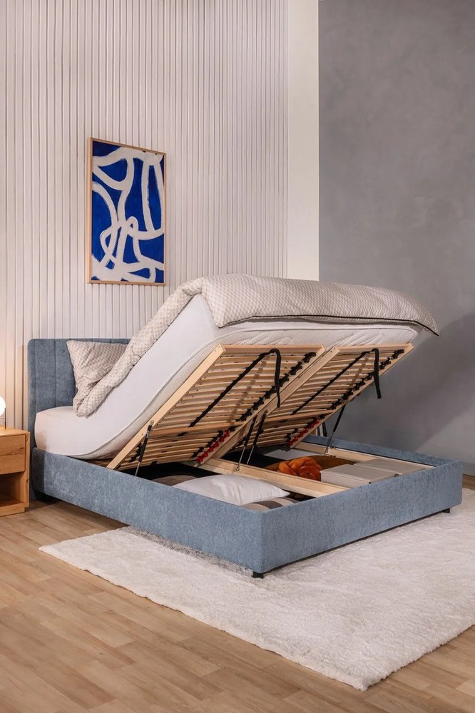 Kék kárpitozott ágyneműtartós franciaágy ágyráccsal 180x200 cm Myra Slim Line – Bonami Selection
