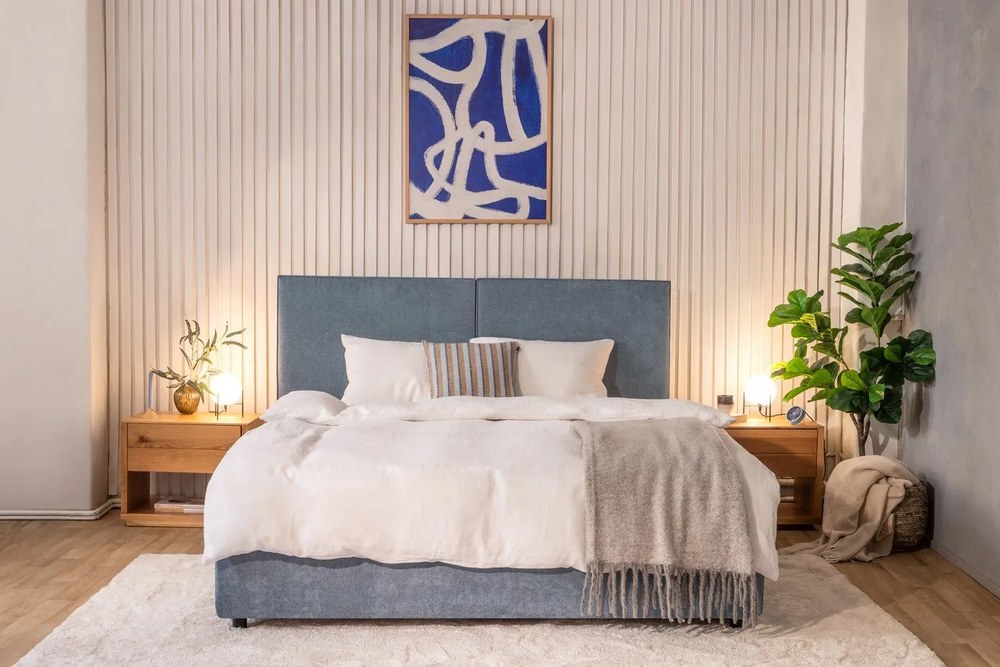 Kék kárpitozott ágyneműtartós franciaágy ágyráccsal 160x200 cm Myra Bold – Bonami Selection
