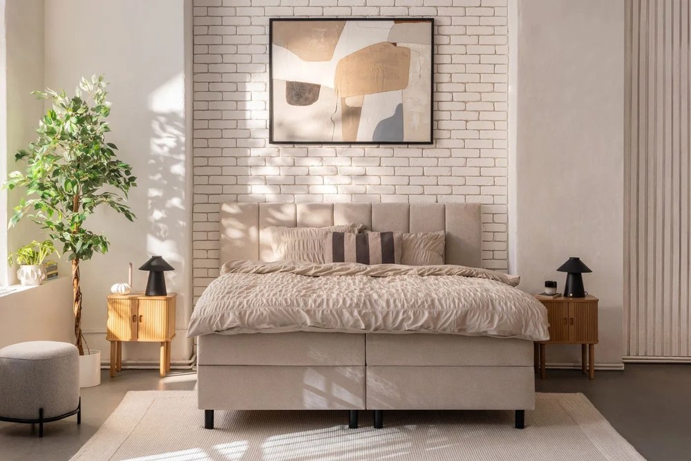 Bézs ágyneműtartós boxspring ágy 180x200 cm Elva Bold Line – Bonami Selection