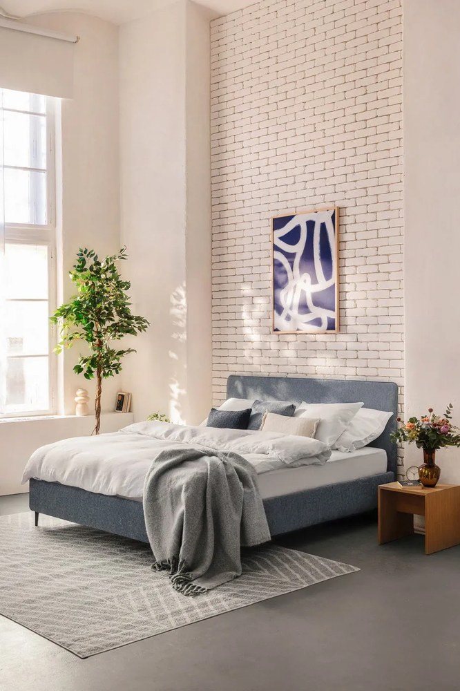 Kék kárpitozott franciaágy ágyráccsal 160x200 cm Noira Slim – Bonami Selection