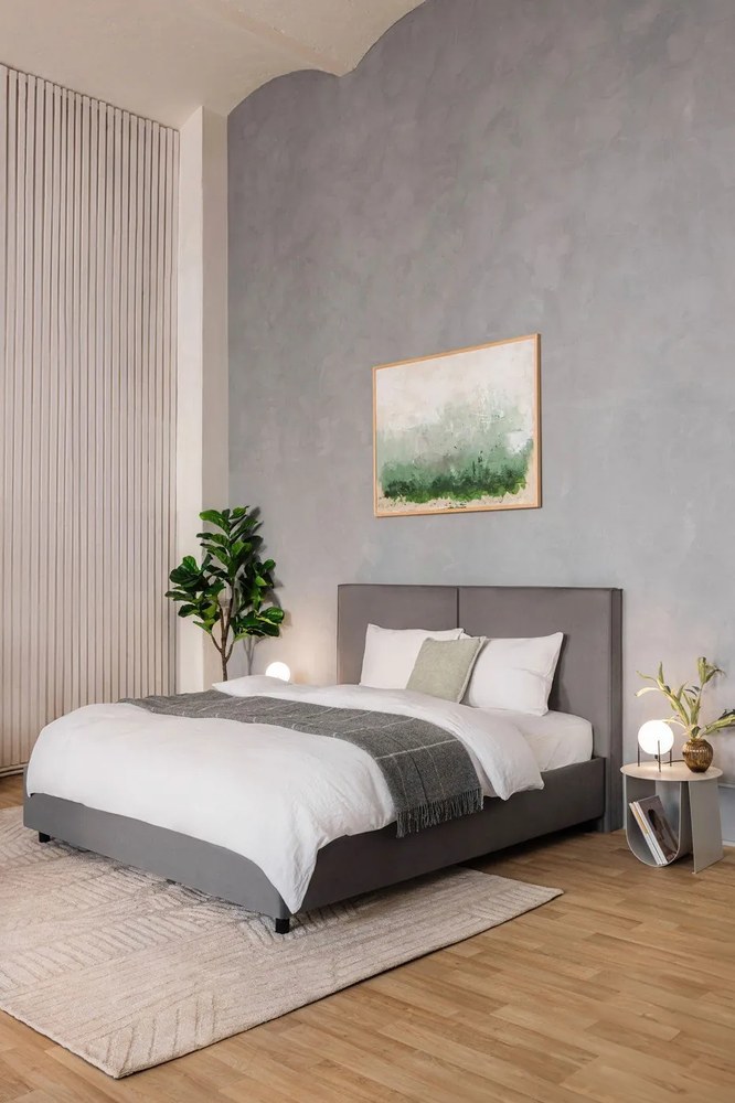 Szürke kárpitozott ágyneműtartós franciaágy ágyráccsal 160x200 cm Myra Bold – Bonami Selection