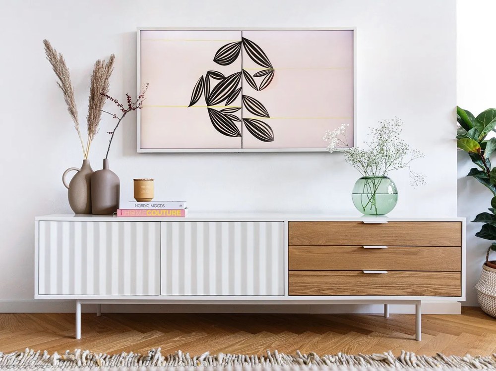 Fehér-natúr színű TV-állvány tölgyfa dekorral 180x52 cm Sierra – Teulat