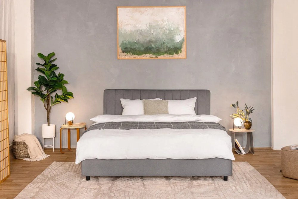 Szürke kárpitozott ágyneműtartós franciaágy ágyráccsal 160x200 cm Myra Slim Line – Bonami Selection