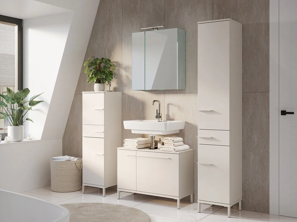 Krémszínű matt magas-keskeny fürdőszoba szekrény 34x123 cm Laurino – Germania