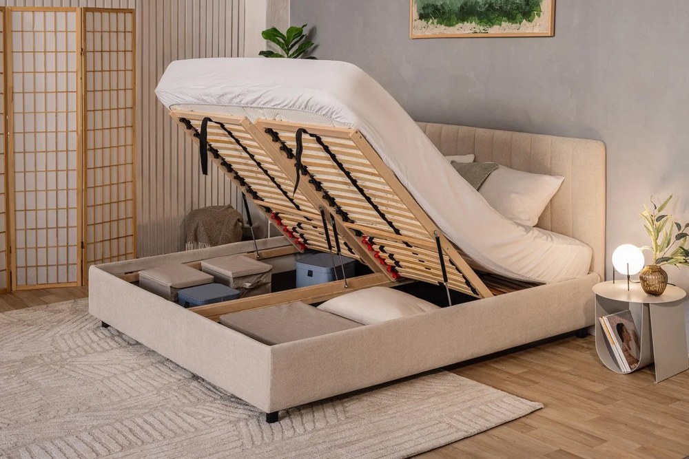 Bézs kárpitozott ágyneműtartós franciaágy matraccal, ágyráccsal 160x200 cm Myra Slim Line – Bonami Selection