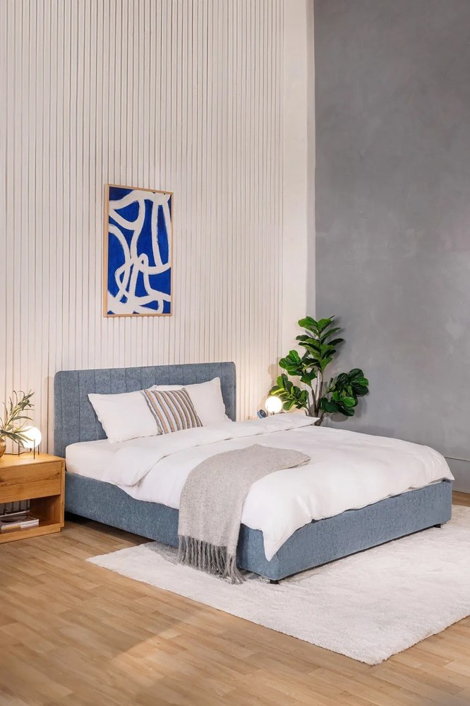 Kék kárpitozott ágyneműtartós franciaágy ágyráccsal 180x200 cm Myra Slim Line – Bonami Selection