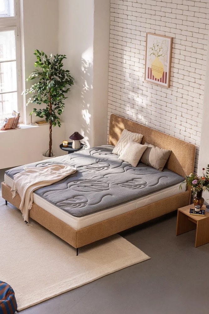 Mustársárga kárpitozott franciaágy ágyráccsal 180x200 cm Noira Slim – Bonami Selection
