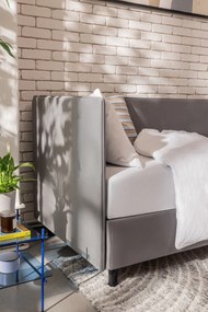 Szürke kárpitozott ágyneműtartós egyszemélyes ágy matraccal 90x200 cm Avela – Bonami Selection