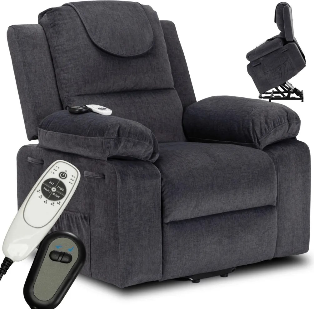 Fotel Masujący Elektrycznie Rozkładany FENIX z Funkcją Wstawania Ciemny Popiel