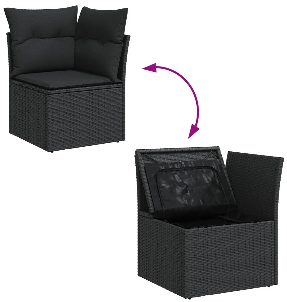 7 darabos kert kanapé szett párnákkal fekete poli rattan akác, 2-fős kert kanapé tárolóval és párnákkal fekete poli rattan