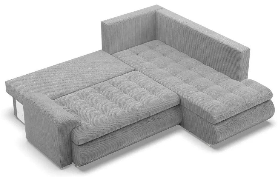 Tokio sarokkanapé, L alakú háttámlával, 2 ágyneműtartóval, kordbársony, jobboldali, szürke