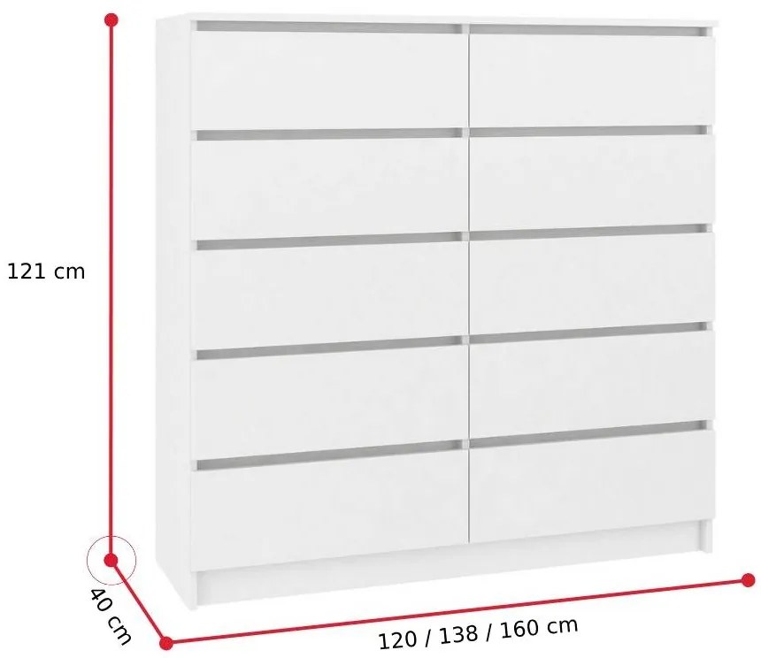 ARMARIA K160 10SZ komód, 160x121x40, fehér/magasfényű fekete