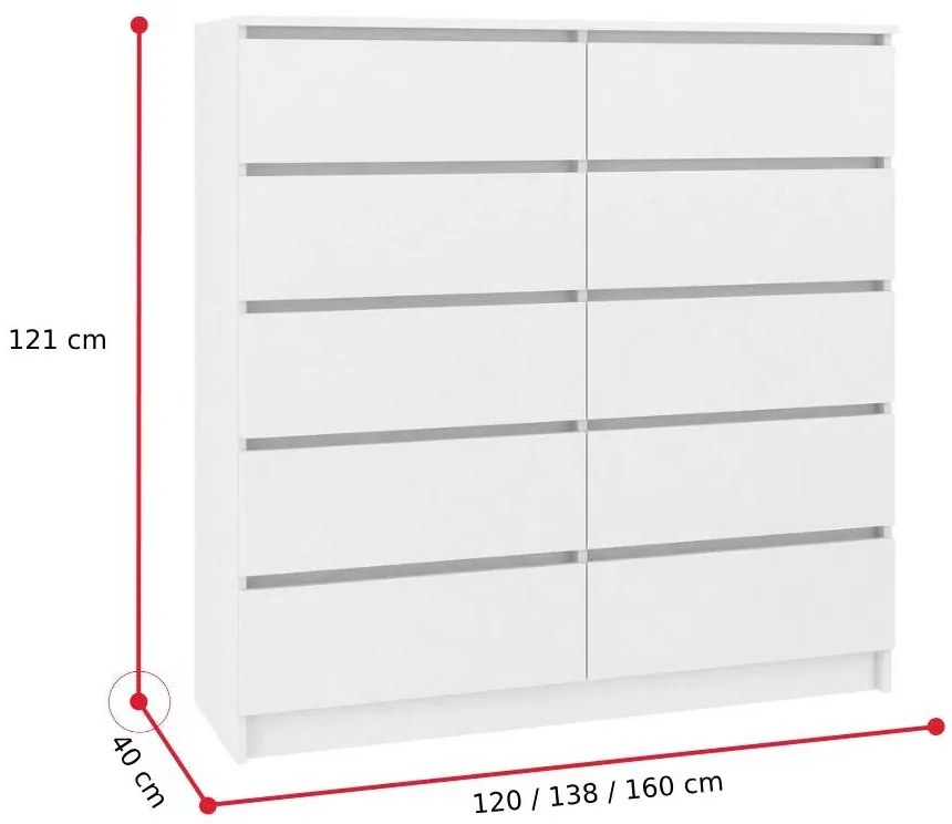 ARMARIA K160 10SZ komód, 160x121x40, fehér