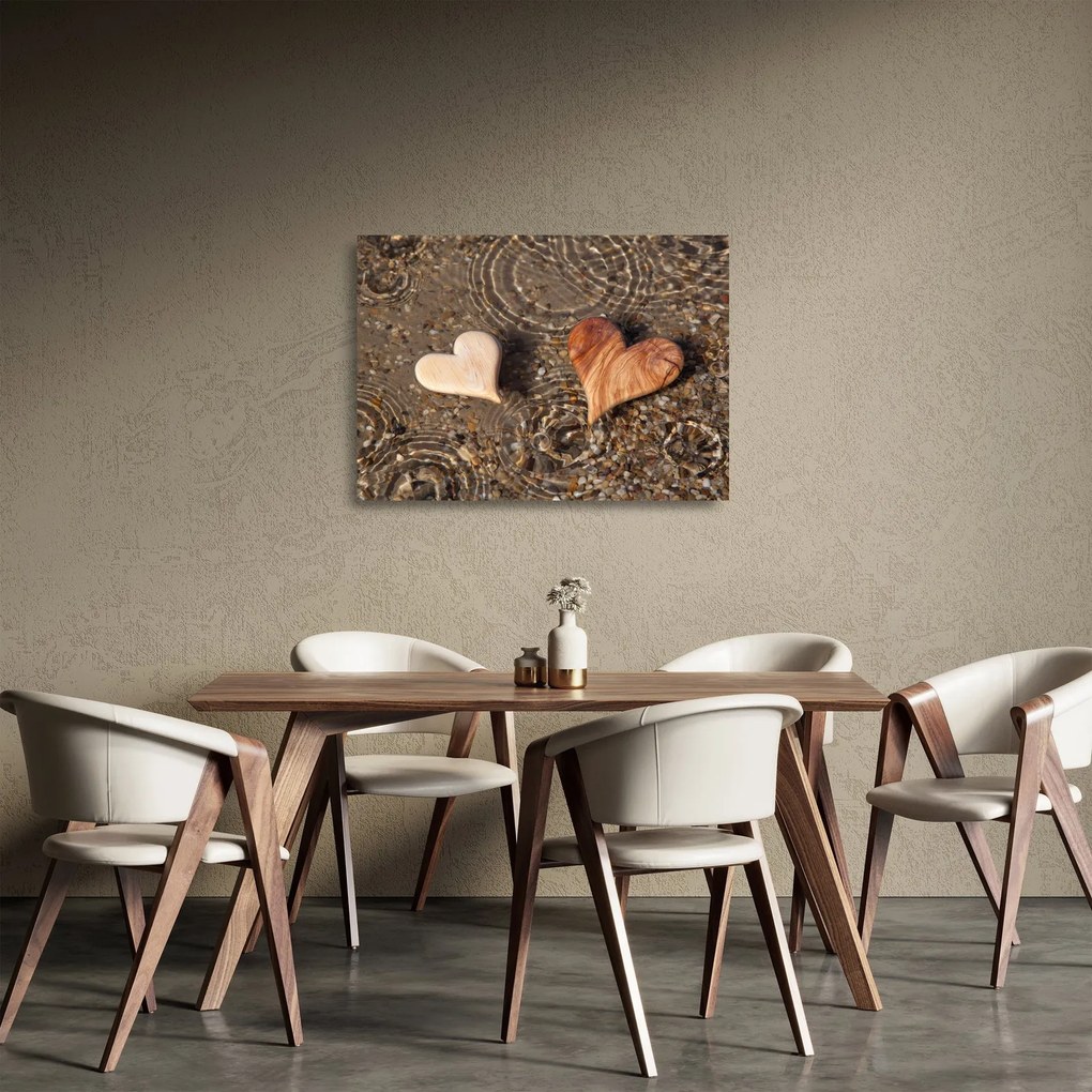 Üveg kép - Fából készült szívek (70x50 cm)