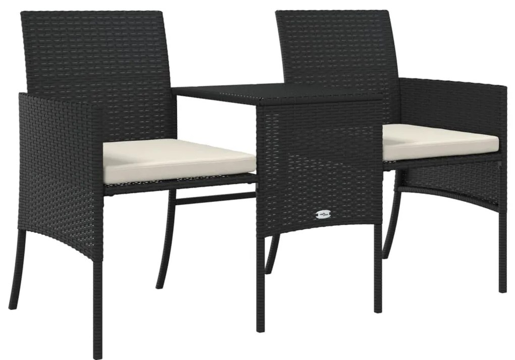 2 személyes fekete polyrattan kerti kanapé asztallal/székkel