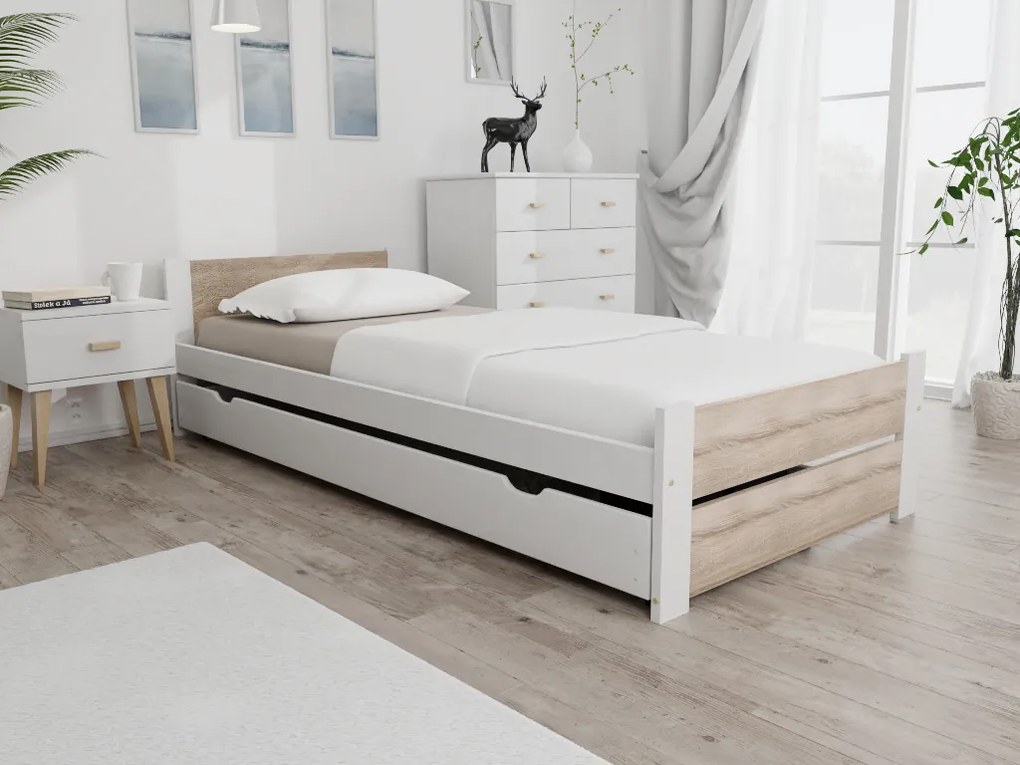 Ágy IKAROS DOUBLE 90 x 200 cm, fehér/dub sonoma Matrac: Matrac nélkül, Ágyrács: Lamellás ágyráccsal