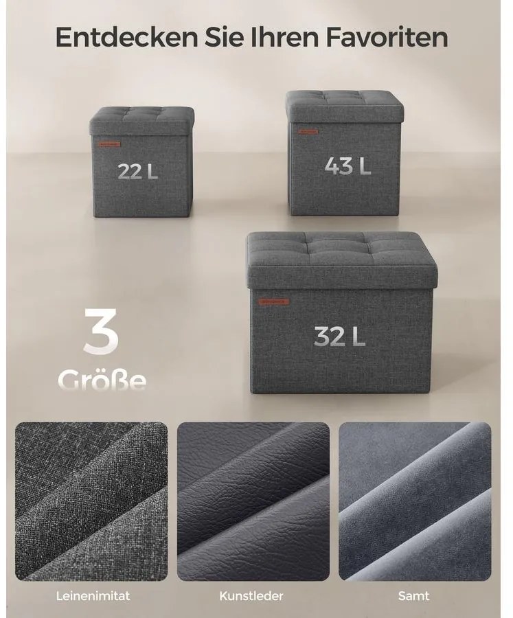 Tárolós ülőke, kis összecsukható pad, 30 × 30 cm-es lábtartó sötétszürke színben