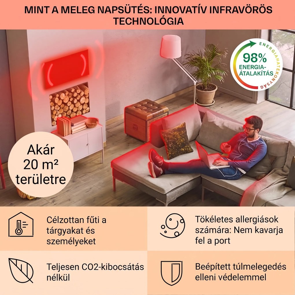 Klarstein La Palma 1000 smart, infravörös hősugárzó 2 az 1-ben, 120 x 60 cm, 1000 W, tükör elülső rész