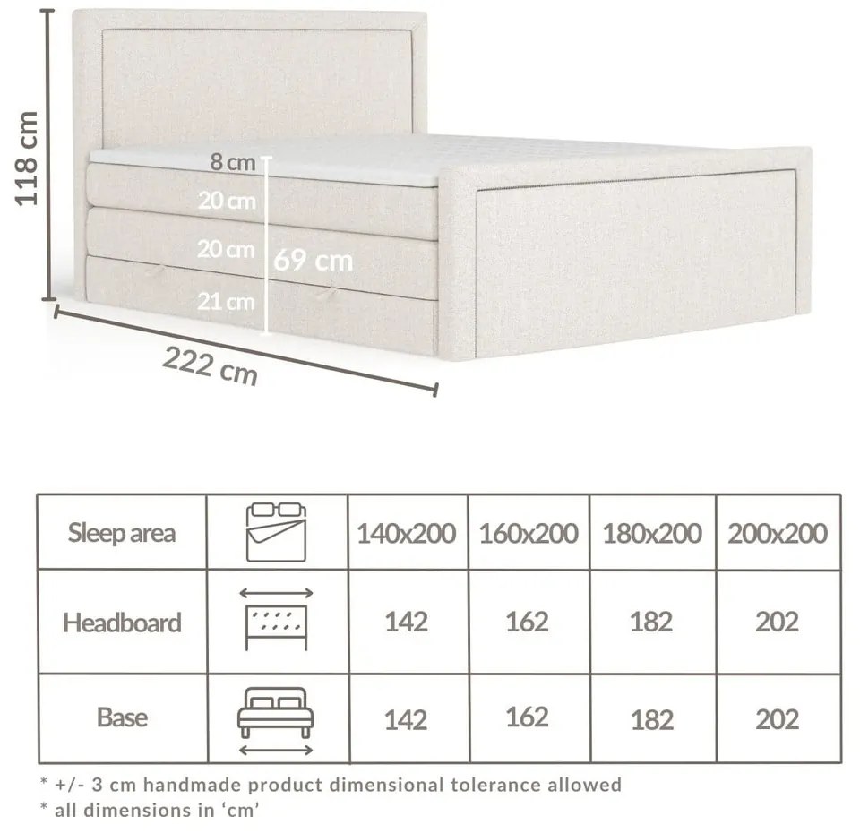 Világosszürke ágyneműtartós boxspring ágy 200x200 cm Lavenda – Maison de Rêve