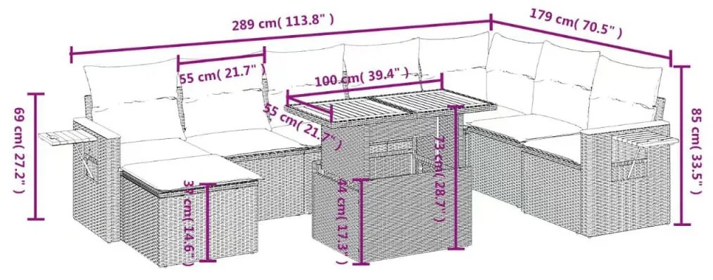 9 részes szürke polyrattan kerti ülőgarnitúra párnákkal