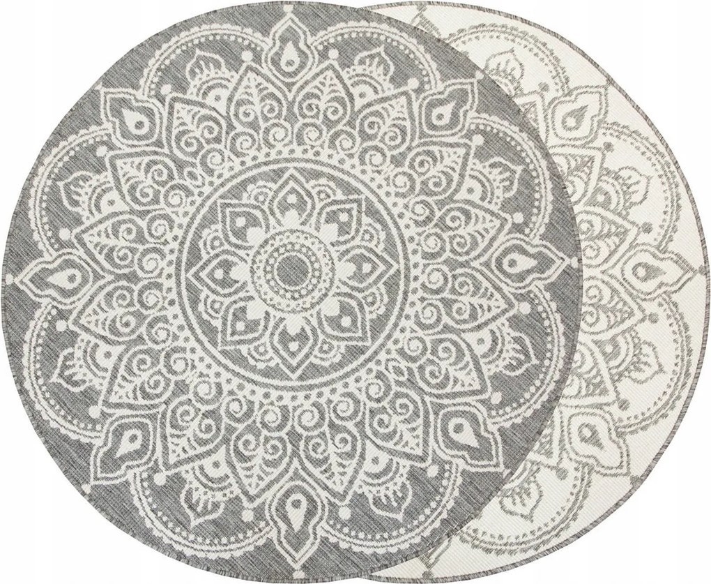 Kültéri Szőnyeg Kerek Kétoldalas Zsinóros Mandala Stílus Boho átm. 160 cm