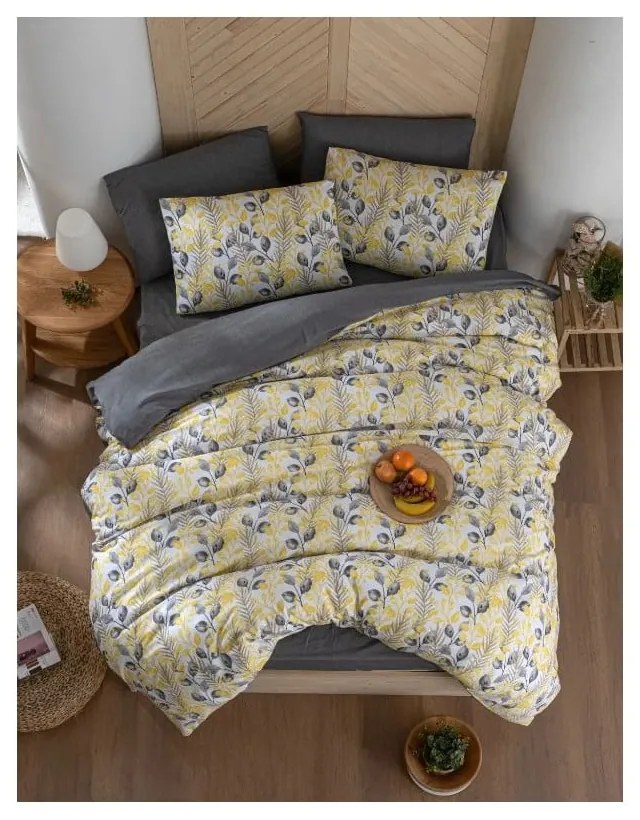 Sárga-szürke kétszemélyes hosszabbított ágyneműhuzat lepedővel, négyrészes 200x220 cm Leaves – Mila Home