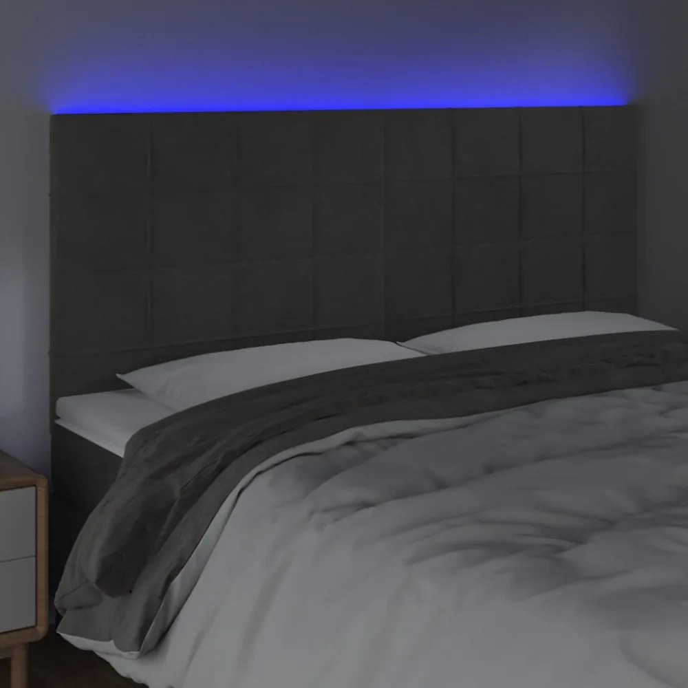sötétszürke bársony LED-es fejtámla 160x5x118/128 cm