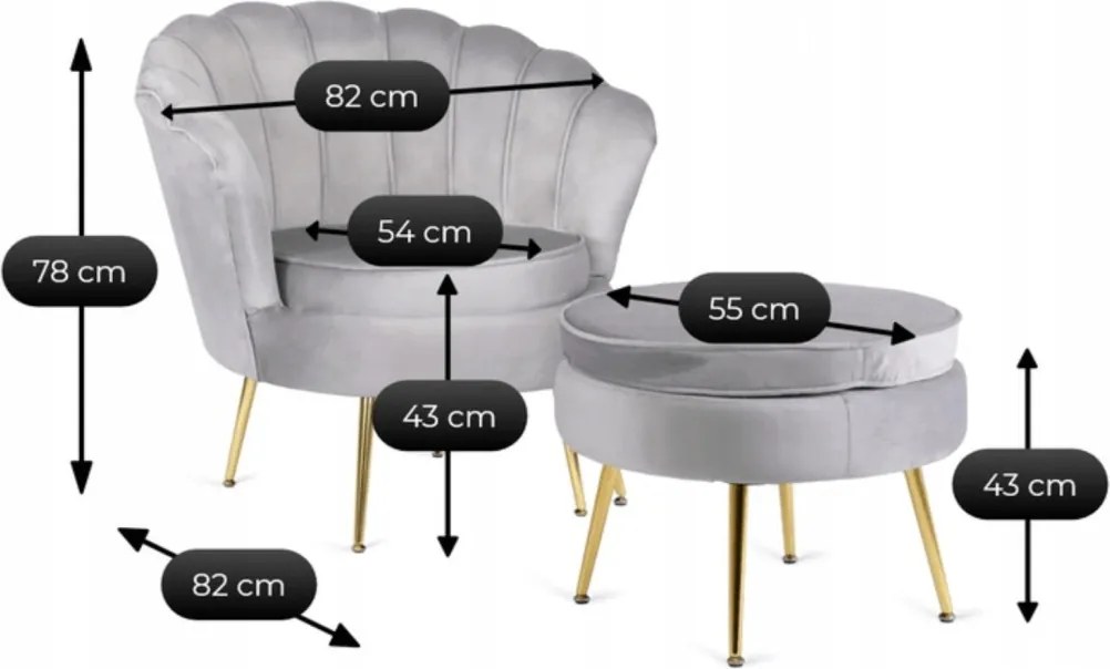 Fotel lábtartóval, szürke színben, velúr kárpittal GRAND