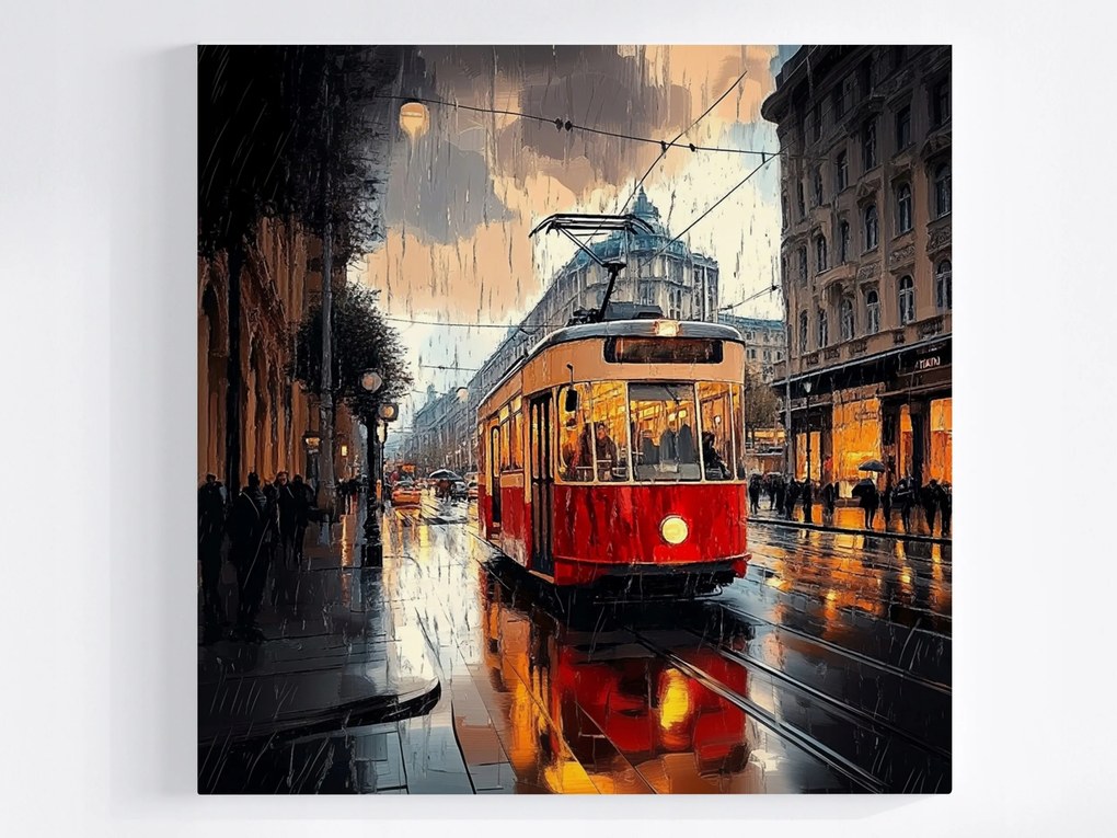 Poszter Város Utca Eső Villamos Közlekedés Utazás 80x80