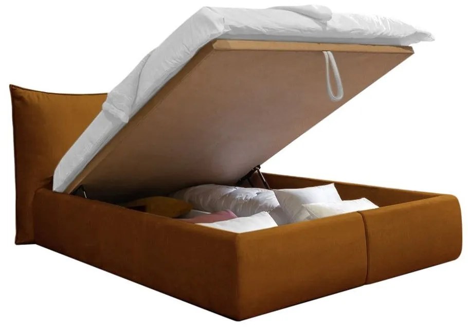 Okkersárga kárpitozott franciaágy tárolóhellyel, ágyráccsal 180x200 cm Jade – Bobochic Paris