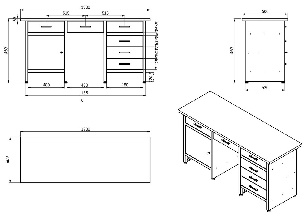 Fiókos műhelyasztal FRANK, 1700 x 850 x 600 mm, antracit-kék