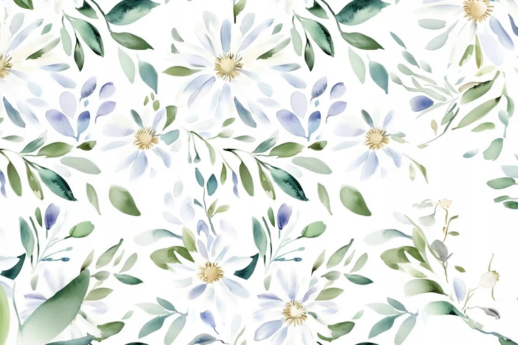 Fotótapéta Flizelina Akvarell Virágok Kék Ágak Levelek 312x219 ragasztó