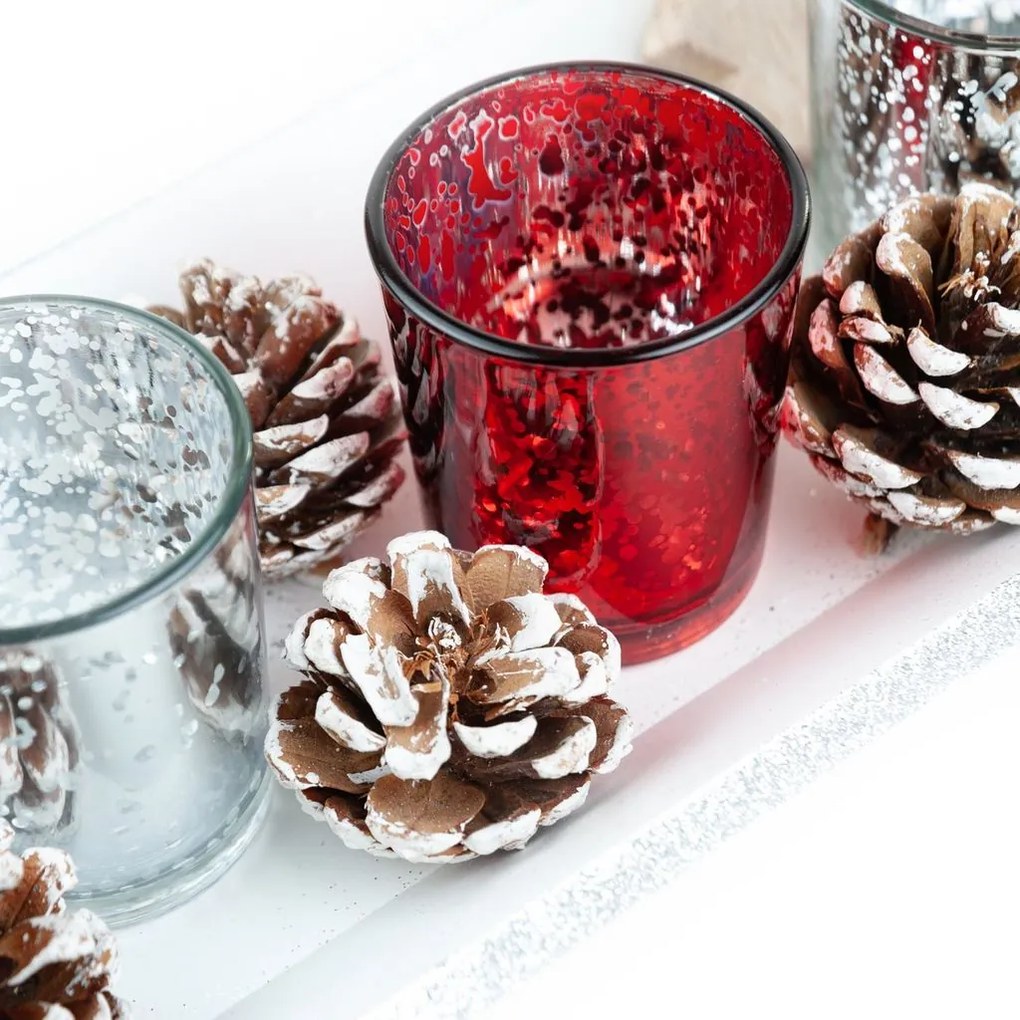 Adventi mécsestartó, toboz díszítéssel, ezüst-piros - POMME