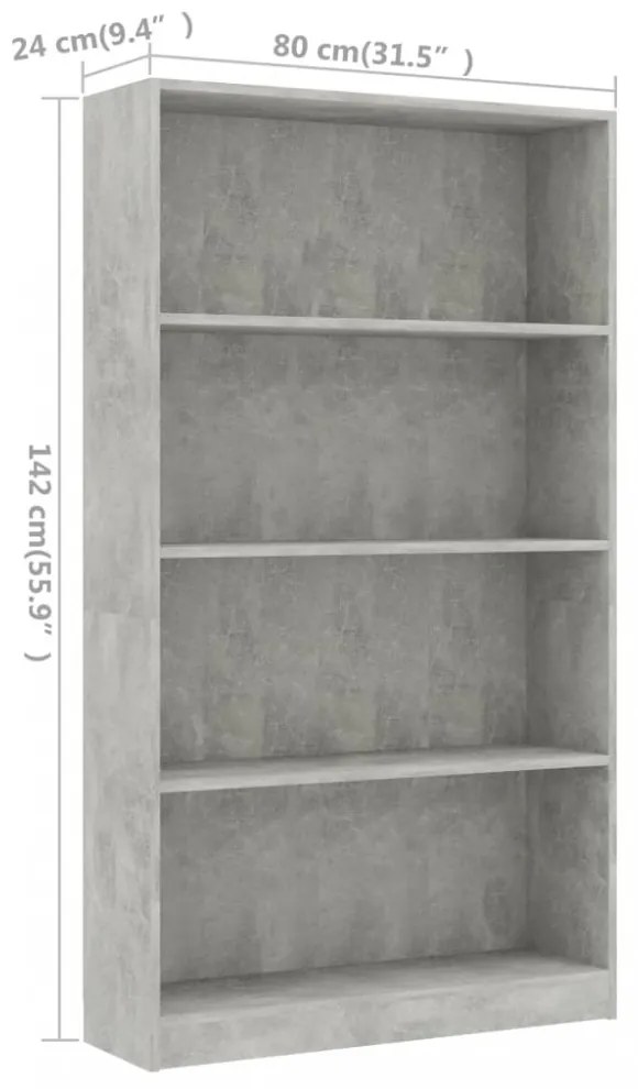 4-szintes betonszürke szerelt fa könyvszekrény 80 x 24 x 142 cm