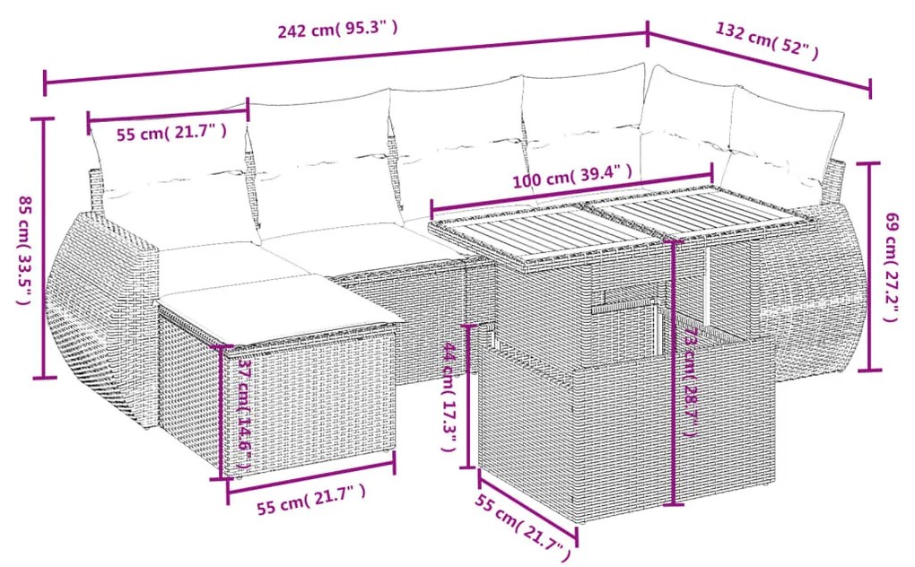 7 részes fekete polyrattan kerti ülőgarnitúra párnával