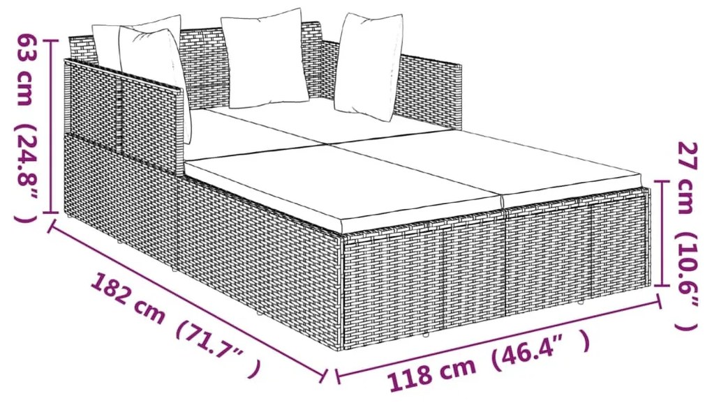 szürke polyrattan napozóágy párnával 182 x 118 x 63 cm