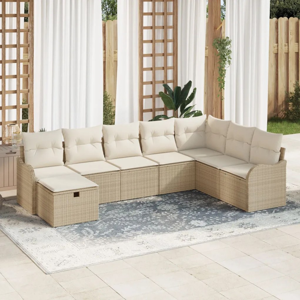 8 Darabos Kerti Kanapé Készlet Párnákkal Bézs Poly Rattan, 2 Személyes Kerti Kanapé Párnákkal Bézs Poly Rattan