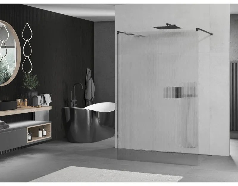 Mexen Kioto, Walk-In zuhanyparaván 140 x 200 cm, 8 mm-es üveg bordás mintával, fekete profil, 800-140-002-70-09