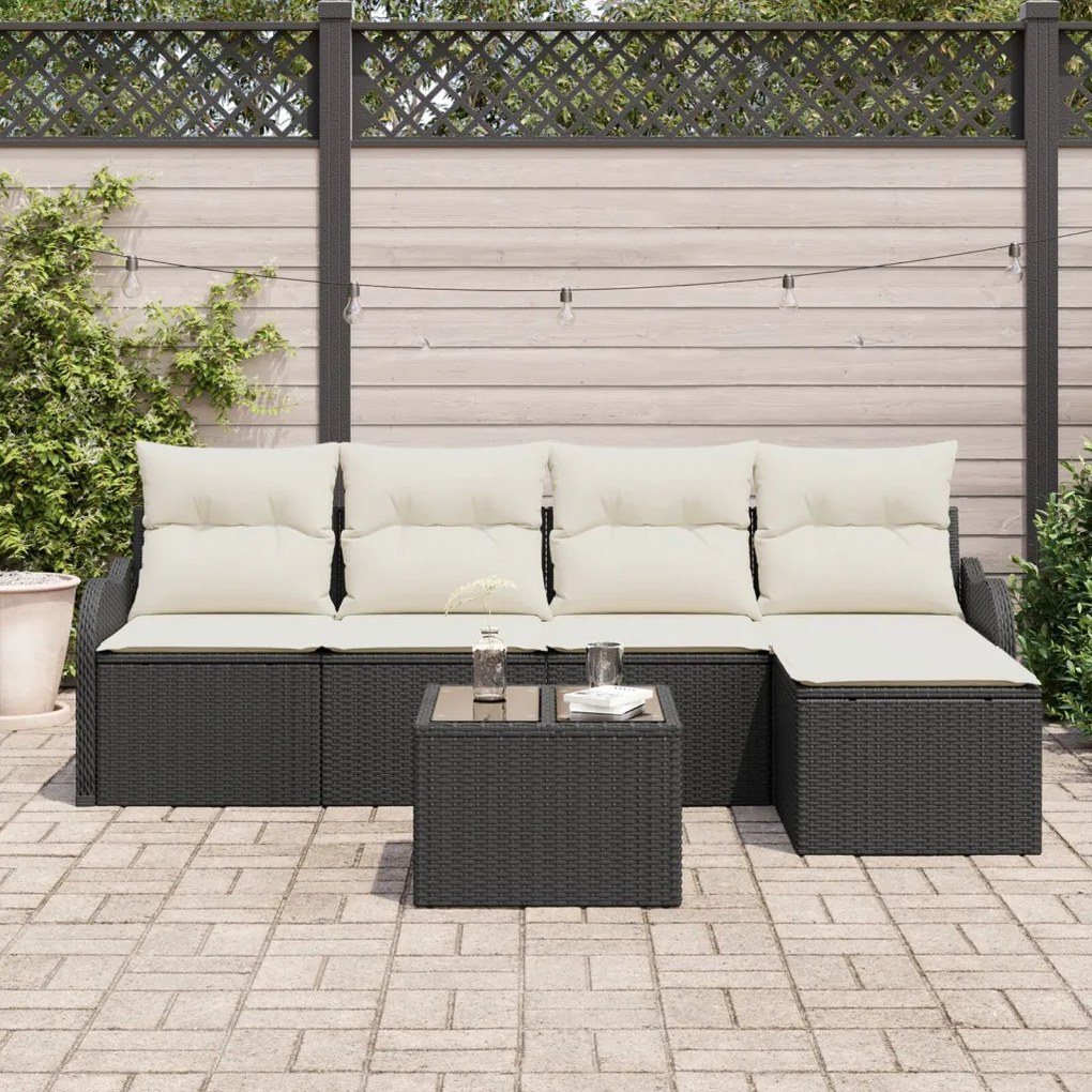 5 Darabos Kerti Kanapé Szett Párnákkal Barna Poly Rattan, 2 Személyes Kerti Kanapé Tárolóval és Párnákkal Fekete Poly Rattan