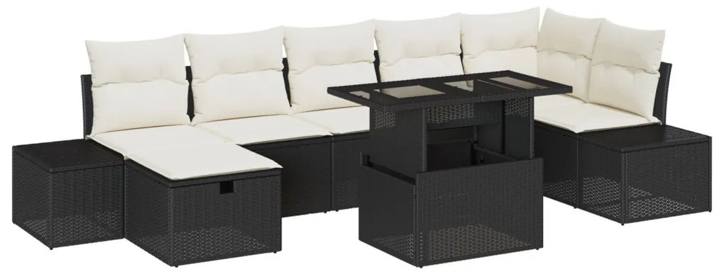 8 Darabos Kert Sofa Szett Párnákkal Fekete Poli Rattan