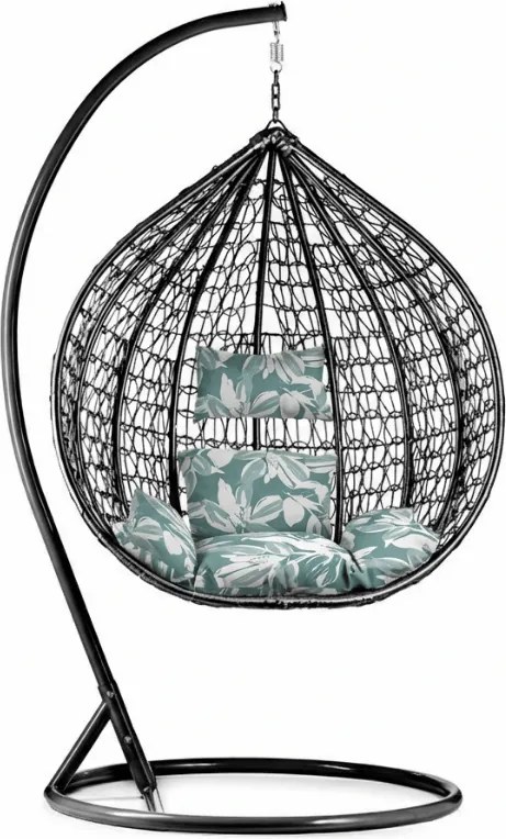 Fekete függő KOKON szék állvánnyal, zöld-fehér párna