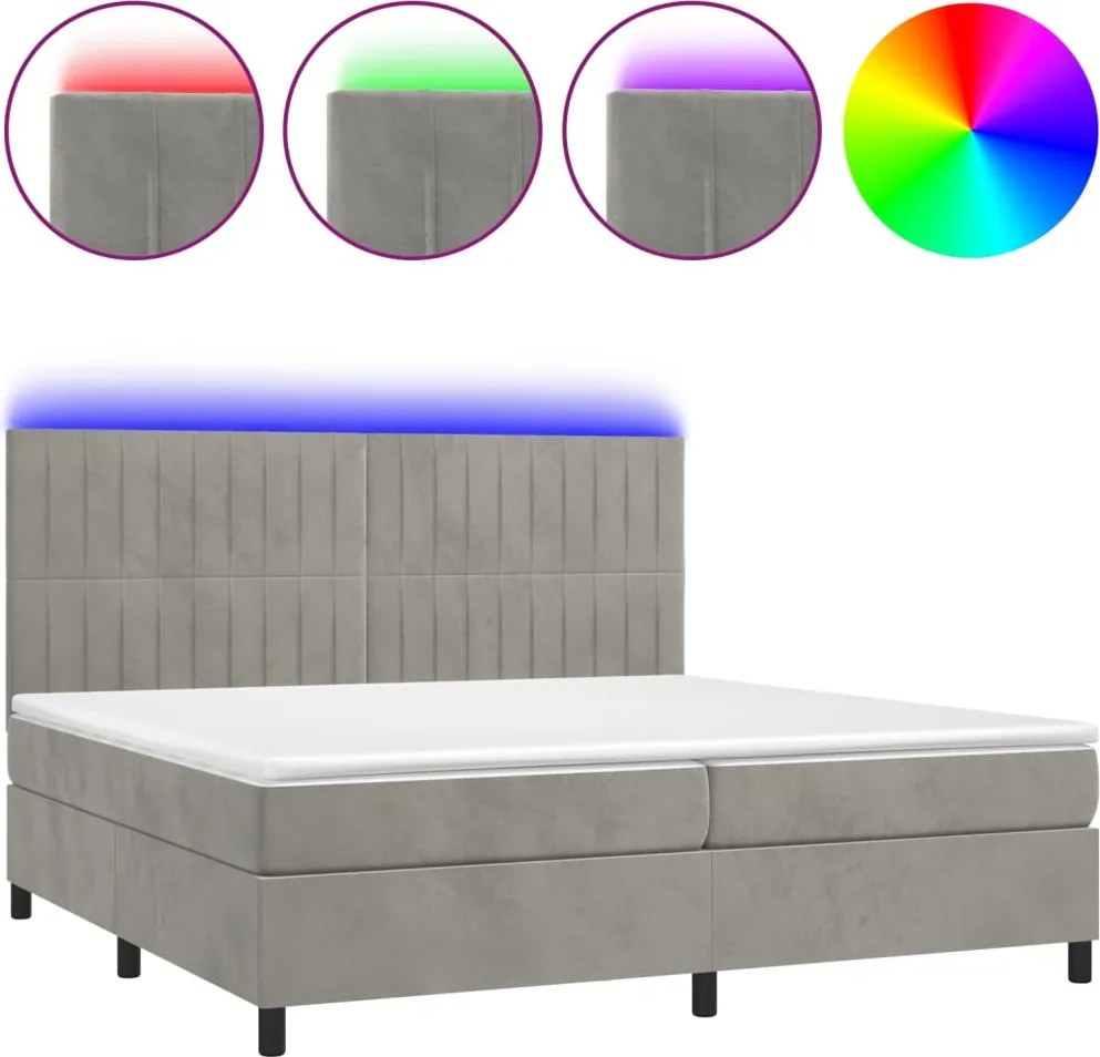 vidaXL világosszürke bársony rugós és LED-es ágy matraccal 200x200 cm