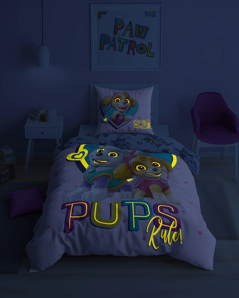 Világító ágynemű PAW PATROL Pups rule rózsaszín Ágyneműhuzat mérete: 70 x 80 cm | 140 x 200 cm