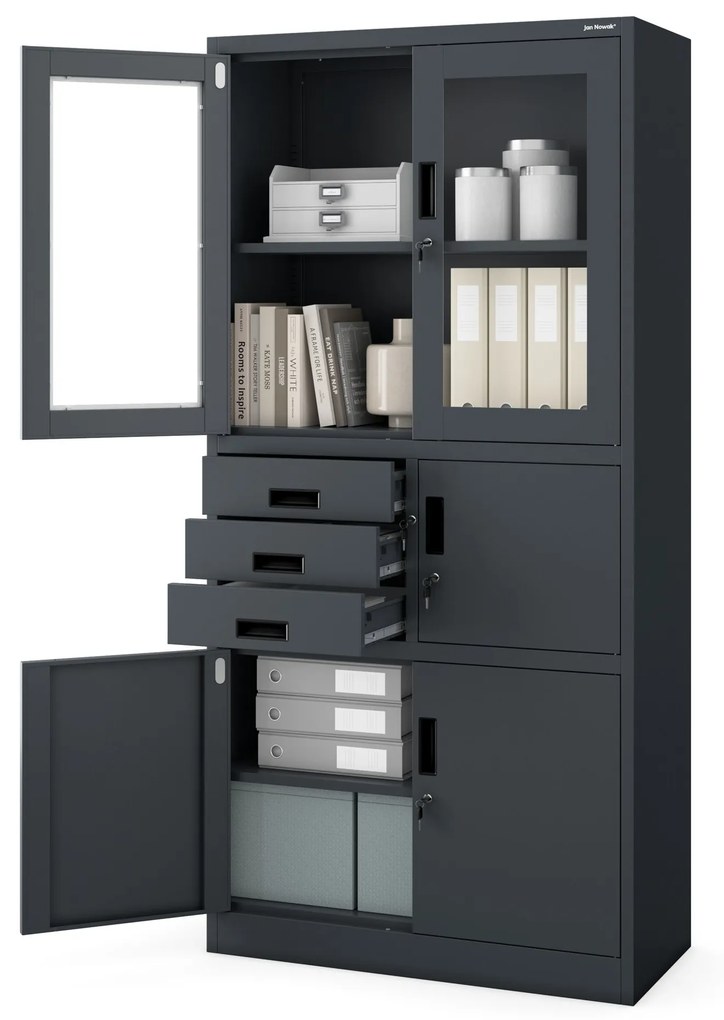 Fém iratszekrény széffel, vitrinnel és fiókokkal FILIP, 900 x 1850 x 400 mm, antracit