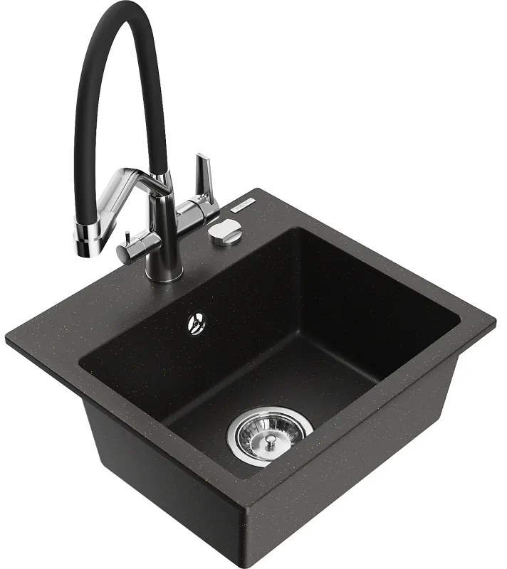 Mexen Milo gránit mosogató 1-medencés konyhai csappal Duo, fekete/arany metál - 6505-75-671701-07
